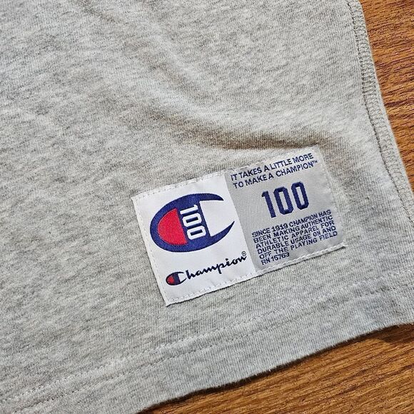 Champion 100 Chenille Logo Heavy Cotton Tee Shirt Grey Blue Men's Small S Rare - Picture 5 of 8